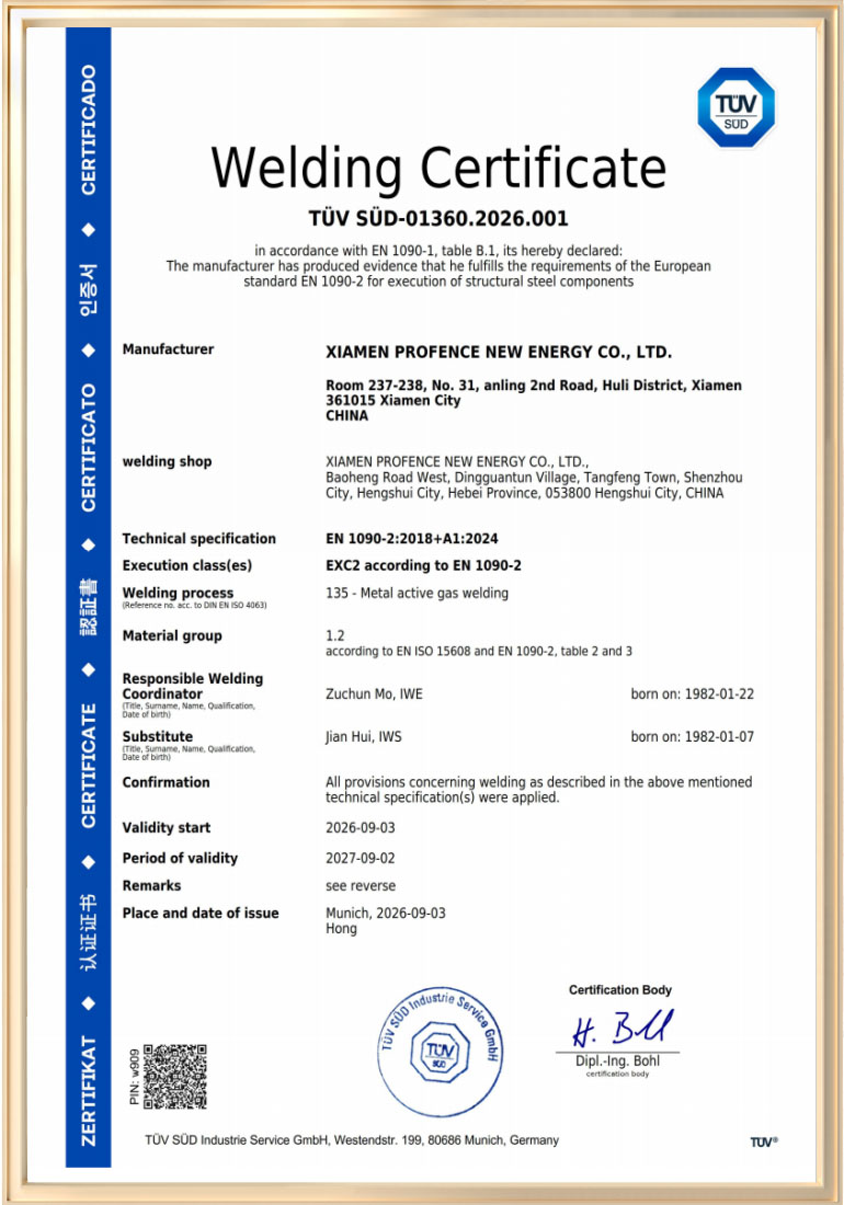 PROFENCE.ENERGY T&Uuml;V S&Uuml;D welding certificate EN 1090‑2 EXC2